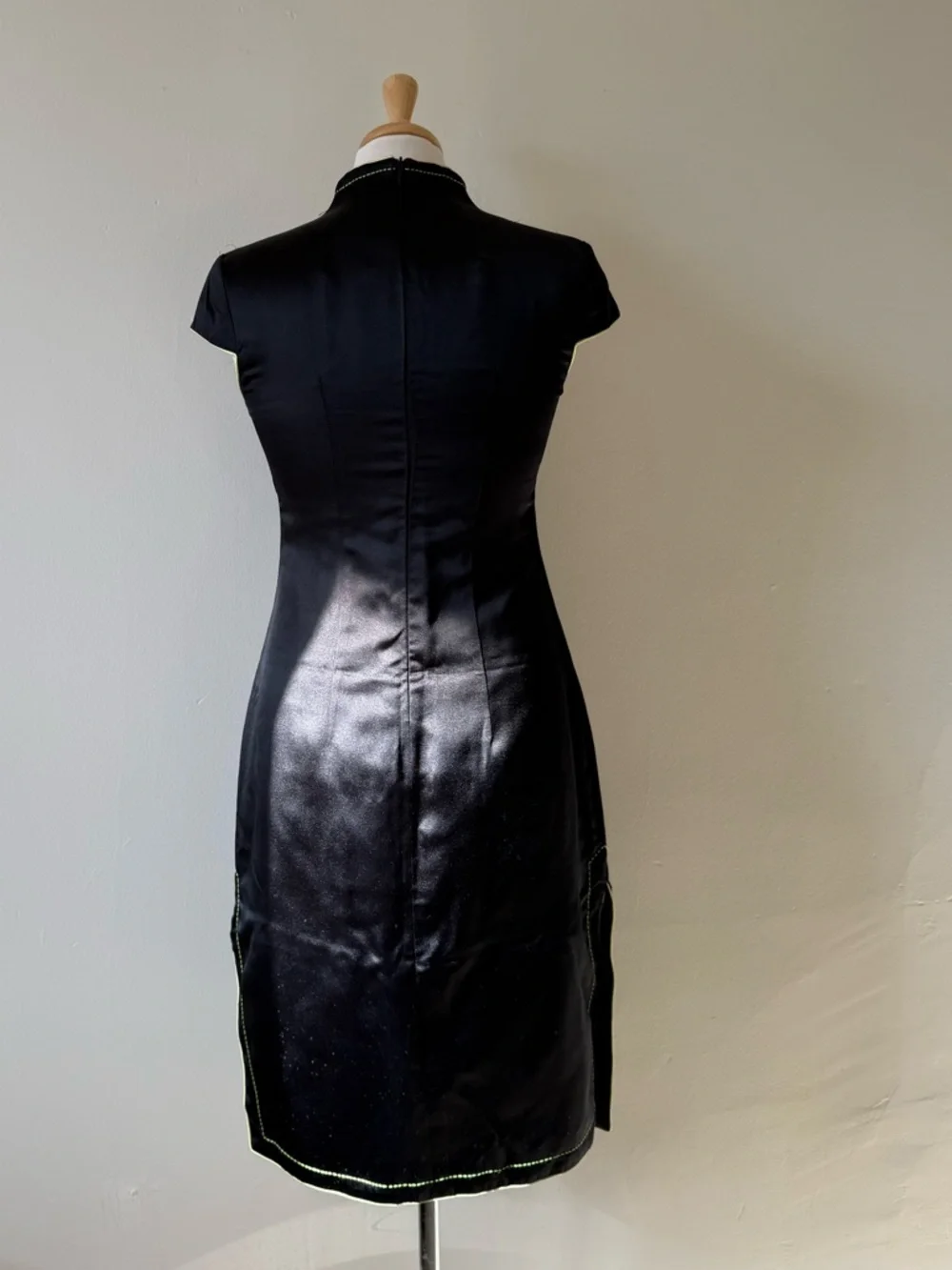 Vintage Style Black Satin Cheongsam Mini Dress Lime Green Trim y2k / 90s - Picture 8 of 12